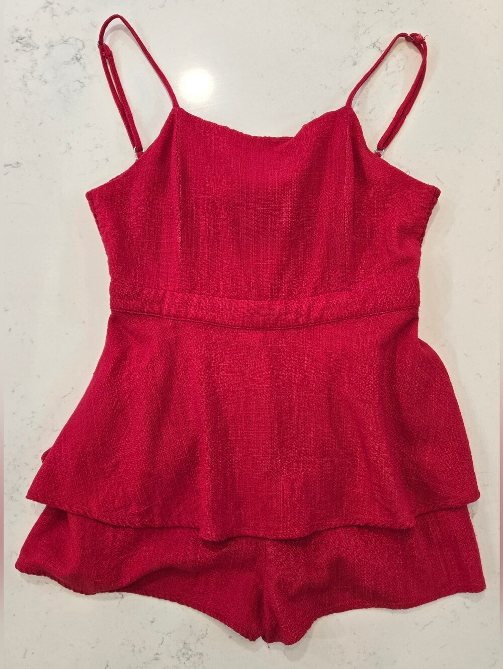 Altar'd State Red Linen Spaghetti Strap Tailored Romper.  Bow Tie Open Back.
